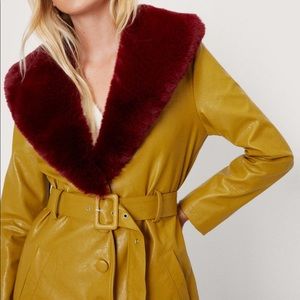 faux fur trimmed faux leather belted coat